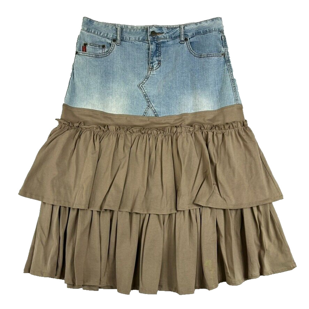 Mudd Skirt Women's 9 Y2K Boho Tiered Denim Mixed Media Peasant Midi